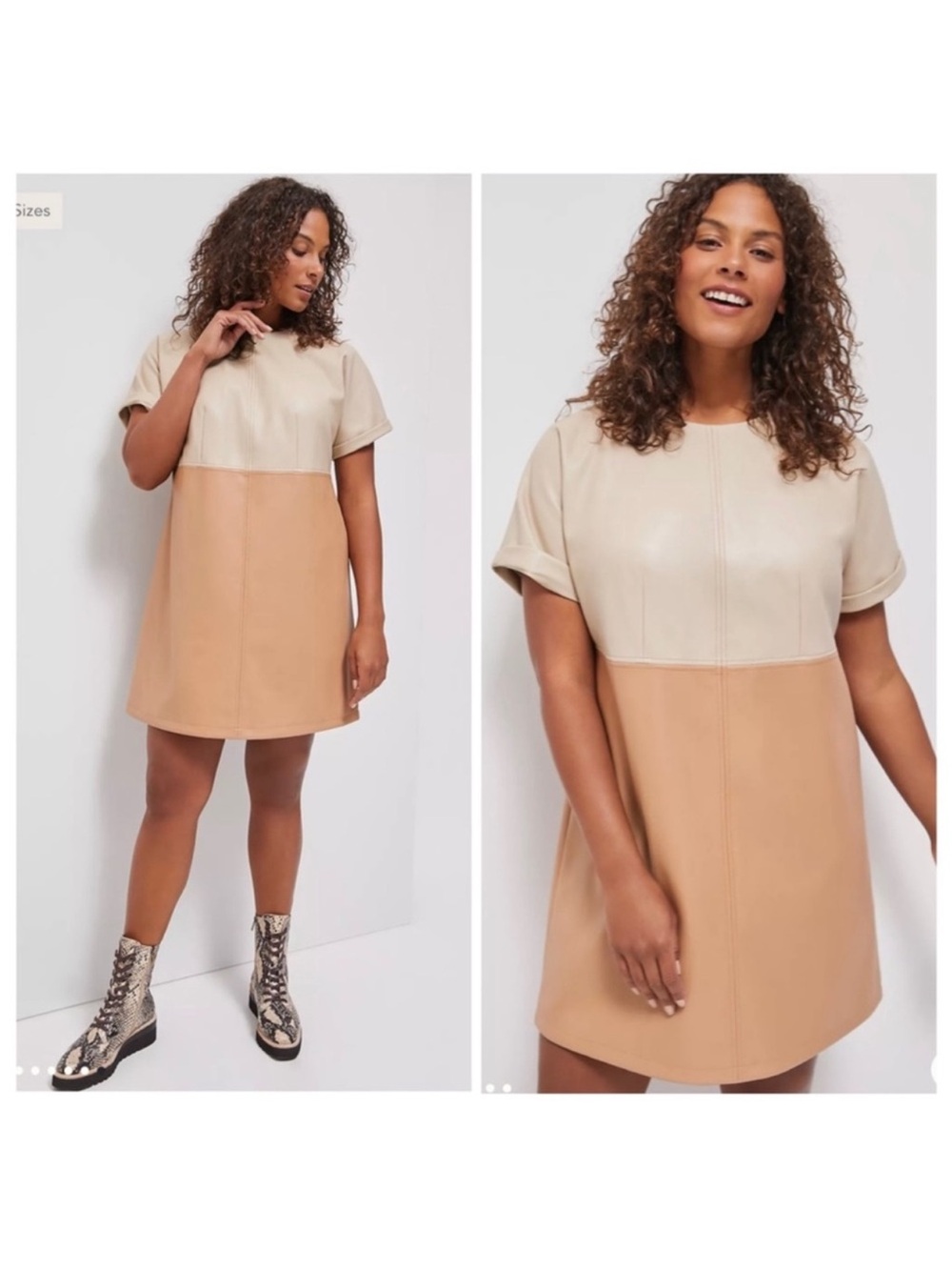 Anthropologie Faux-Leather Shift Dress in Cream & Tan Size 1X New With Tags